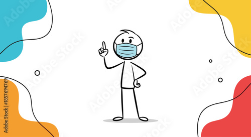 Simple stick figure character wearing a blue surgical face mask and pointing a finger up, giving advice or a warning about health.