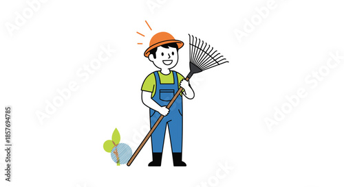 Happy young farmer or gardener character in overalls holding a rake, smiling and ready for agricultural or gardening work.