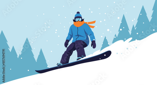 Man with a large mustache wearing winter clothes snowboarding down a snowy slope with a forest of pine trees in the background.
