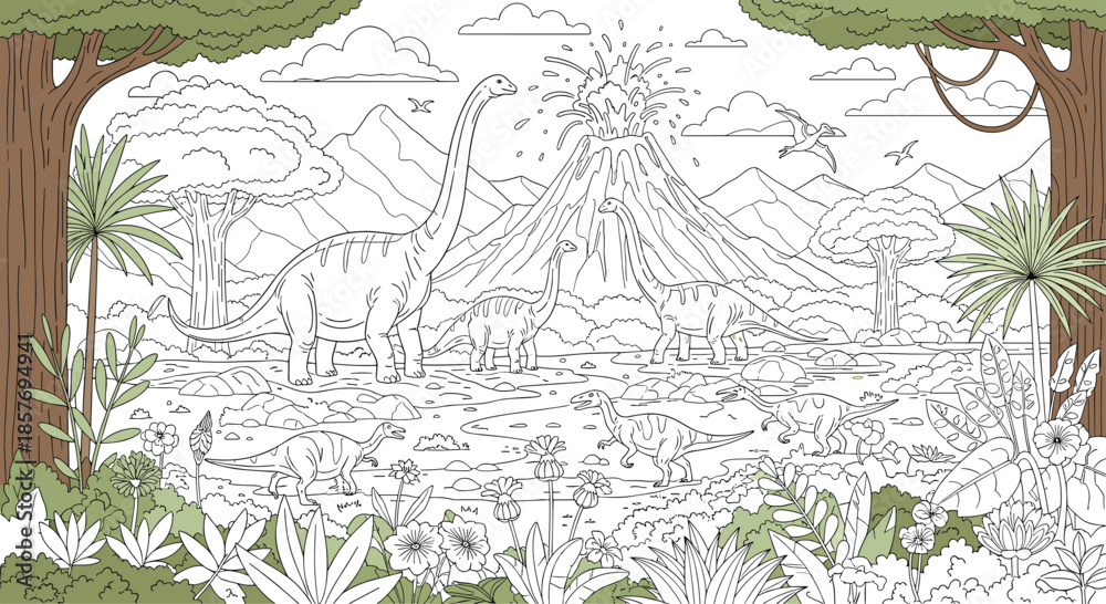 Obraz premium Detailed outline illustration of a prehistoric landscape for a coloring book, featuring dinosaurs, a volcano, and lush jungle plants.