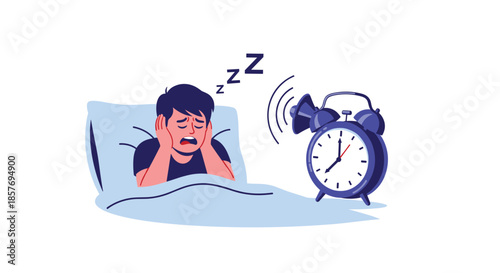 Stressed man in bed covering his ears as a loud alarm clock rings, illustrating difficulty waking up, insomnia, or morning anxiety.