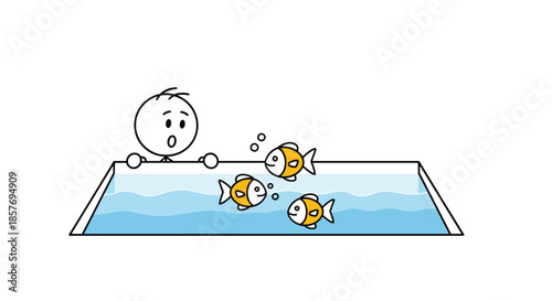 Surprised stick figure looking over the edge of a fish tank at three cute goldfish swimming in the water, a simple and charming illustration.