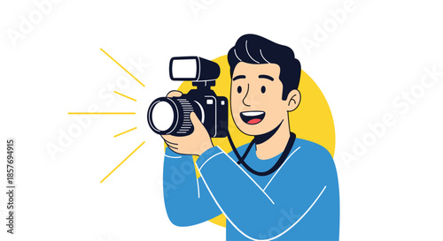 Happy male photographer holding a professional camera with a flash, smiling while taking a picture, representing photography as a hobby or profession.