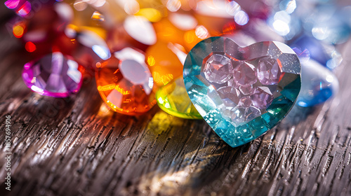 Colorful heart shaped gemstones on wooden surface with bokeh lights