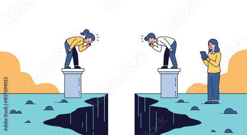 Man and woman standing on separate pillars over a chasm, illustrating relationship problems, distance, and communication breakdown.