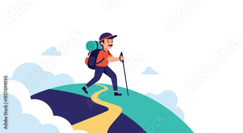 Happy hiker with a large backpack and walking stick trekking up a green hill under a clear sky, enjoying an outdoor adventure.