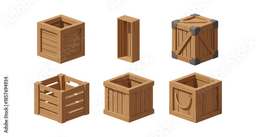 Collection of six different wooden crates and boxes in isometric view