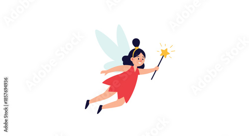 Cute flying fairy in a red dress with wings, holding a magic wand with a sparkling star, representing fantasy and enchantment.