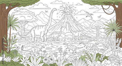 Detailed outline illustration of a prehistoric landscape for a coloring book, featuring dinosaurs, a volcano, and lush jungle plants.