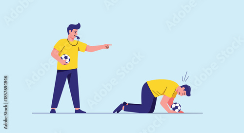 Soccer coach blowing a whistle and pointing, giving instructions or a penalty to a player who is kneeling on the ground in exhaustion or defeat.