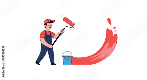 Professional painter in overalls and a cap using a paint roller to apply red paint to a wall, symbolizing home renovation and improvement.
