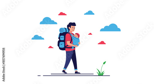 Father with a large backpack carrying his baby in a front carrier while hiking, illustrating adventurous parenting and family travel.