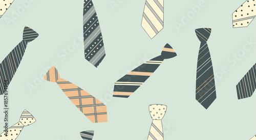 Seamless pattern with various colorful neckties with different patterns like stripes and dots, perfect for Father's Day or men's fashion.