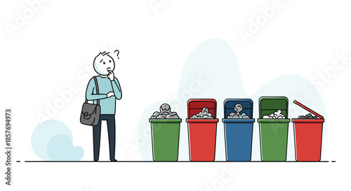Confused man looking at multiple colored trash bins, unsure about how to sort waste for recycling, illustrating environmental confusion.