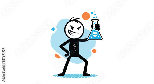 Evil stick figure scientist with a wicked grin holding a bubbling flask of poison, representing a mad scientist or a dangerous experiment.