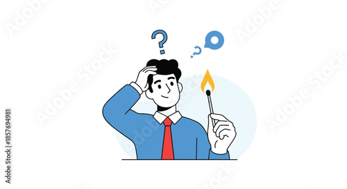 Confused businessman holding a lit match with question marks above his head, symbolizing a risky idea, uncertainty, or finding a spark of inspiration.