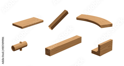 Collection of various wooden construction elements and lumber pieces