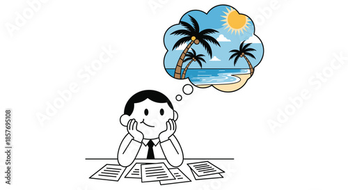 Office worker daydreaming at his desk about a tropical beach vacation, with a thought bubble showing palm trees, the ocean, and sun.