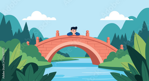 Young man relaxing on a traditional arched bridge over a river, enjoying a peaceful and serene natural landscape with forests and mountains.