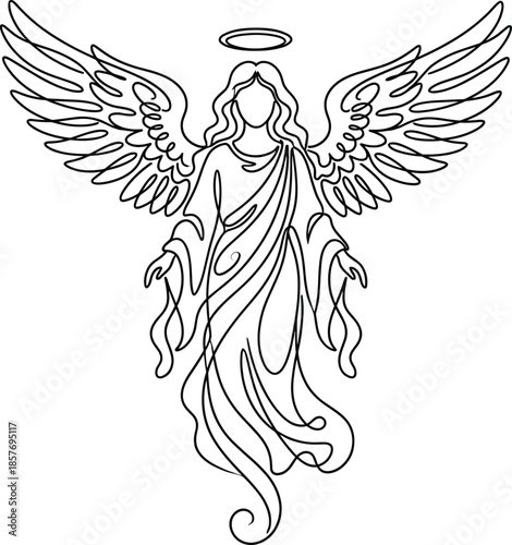 Minimal continuous line angel illustration with wings halo spiritual guardian symbol religious art modern black white vector design sacred outline