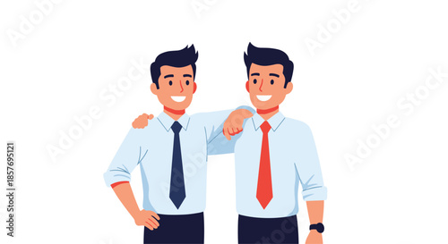 Two happy and confident businessmen in shirts and ties standing together, with one having his arm around the other, showing friendship and teamwork.