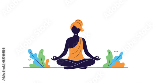 Silhouette of a woman in a yoga lotus pose, meditating outdoors surrounded by colorful leaves, representing mindfulness and relaxation.