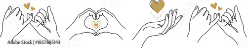 Minimal hand gesture line art set expressing love care connection hearts for valentine romance modern elegant vector illustration design elements