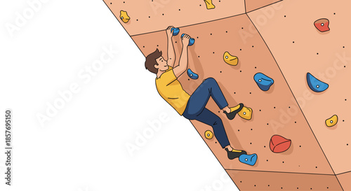 Young man engaged in bouldering, climbing an artificial rock wall indoors, representing a challenging sport, fitness, and determination.