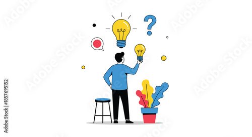Man comparing two lightbulbs with a question mark, symbolizing the process of choosing between different ideas, creativity, and problem-solving.