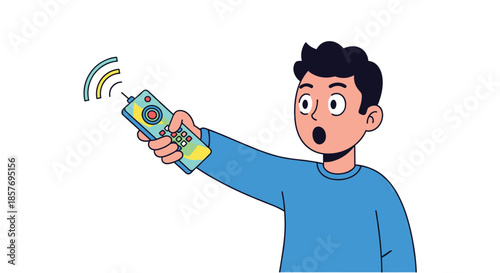 Surprised cartoon boy in a blue sweater holding a remote controller, looking shocked at the television or the device he is controlling.