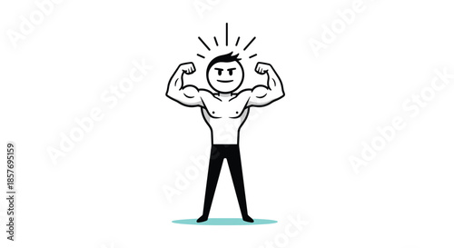 Simple black and white stick figure illustration of a muscular man flexing his biceps, symbolizing strength, health, and confidence.