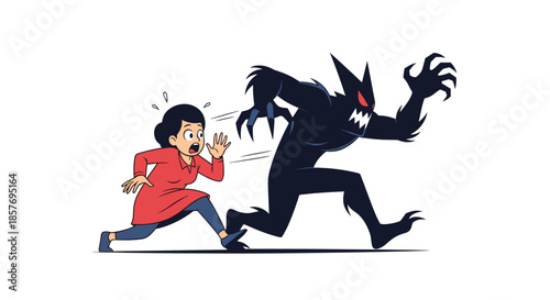 Cartoon illustration of a frightened woman in a red dress being chased by a terrifying shadow monster, a metaphor for anxiety and fear.