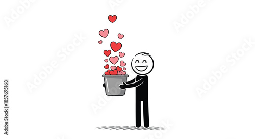 Cheerful stick figure man holding a bucket overflowing with hearts, a charming illustration representing love, kindness, and sharing affection.