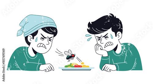 Two disgusted men grimacing as a fly lands on their plate of food, illustrating poor hygiene, contaminated food, and annoyance.