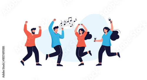 Group of diverse and happy young people dancing together at a party, celebrating with music and drinks in a fun and energetic cartoon style.