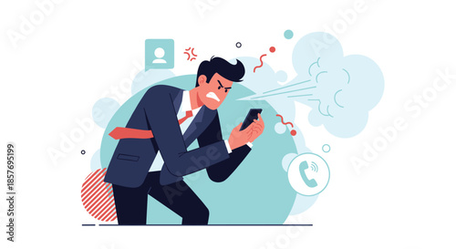 Frustrated businessman in a suit yelling at his phone, illustrating extreme anger with technology, customer service, or receiving bad news.