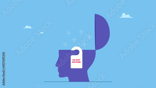 Open human head with do not disturb sign while thinking of business solution. Focus or do not disturb in thinking or creativity, concentrate and eliminate distraction increase productivity.