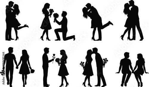 Romantic couple silhouette set showing proposal kiss walk hug poses for love valentine wedding relationship vector illustration collection design elements