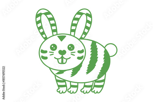 Cheerful striped green rabbit smiles with buck teeth on a clean white backdrop