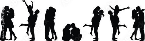 Romantic couple silhouettes set showing love hugs kisses joy poses for valentine romance wedding concept black vector illustration design collection