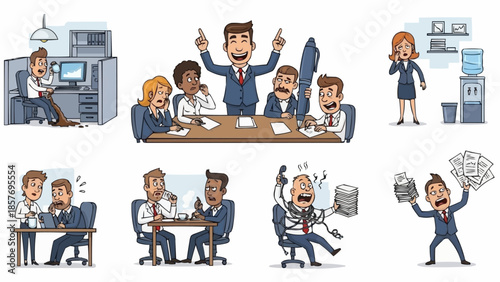 Illustrations depicting various aspects of office life and business scenarios.