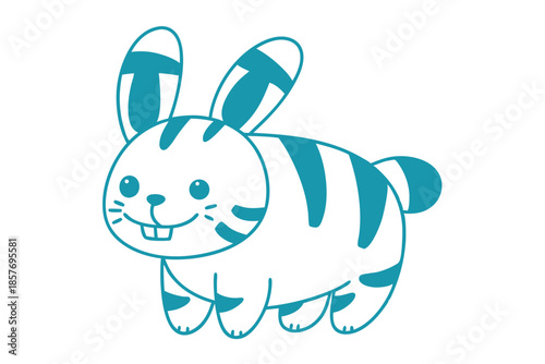 Cheerful aqua bunny smiles with stripes and cute buckteeth on the clean white background