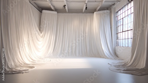 A spacious, bright, white room draped with soft, flowing curtains, bathed in light, with a large window