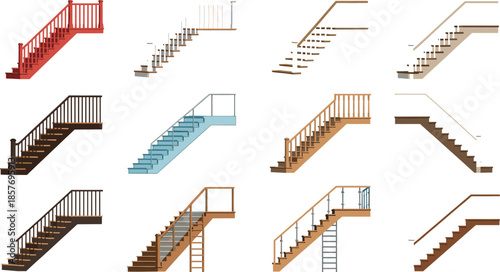Staircase and stairway design set with wooden, metal, and modern stairs in different angles for interior architecture vector illustration