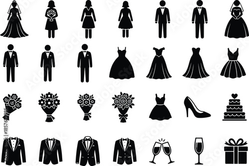 Wedding icons silhouette vector set with bride groom dresses flowers suits cakes accessories isolated on white background for marriage celebration design