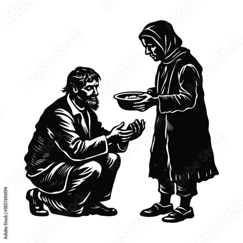 Man Kneeling Asking for Food from Woman with Bowl poverty hunger