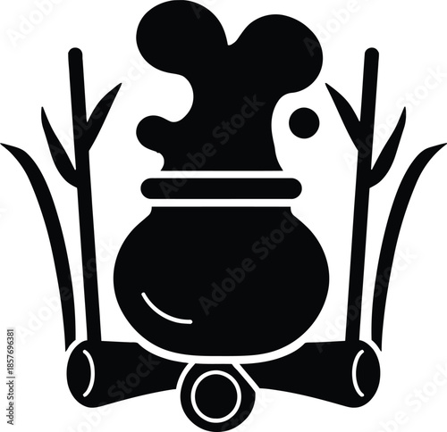 Pongal pot silhouette with overflowing rice and sugarcane