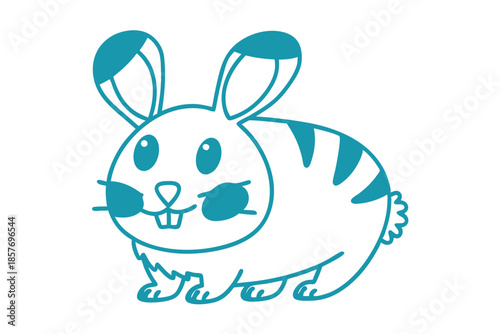 Teal outline depicts a whimsical cartoon rabbit with stripes and buck teeth clearly visible