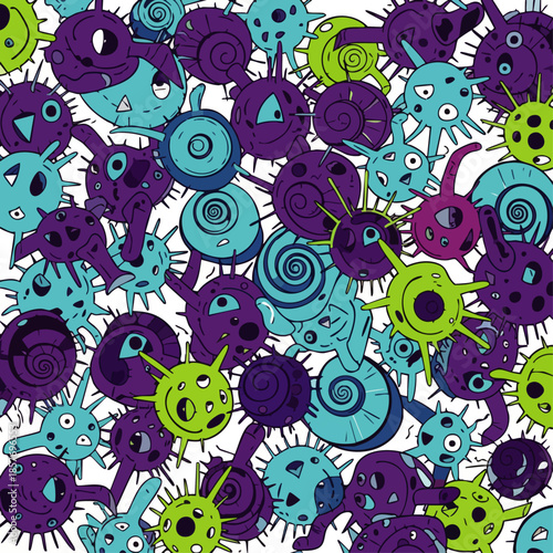 A vibrant, abstract pattern featuring cartoonish, spiky, and swirling microscopic organisms in purple, green, and blue.