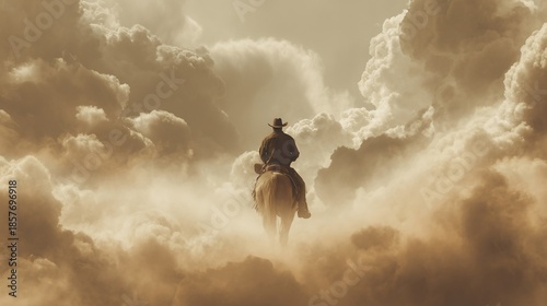 Cowboy riding horse through clouds, dramatic sky background. Image for western themes, travel